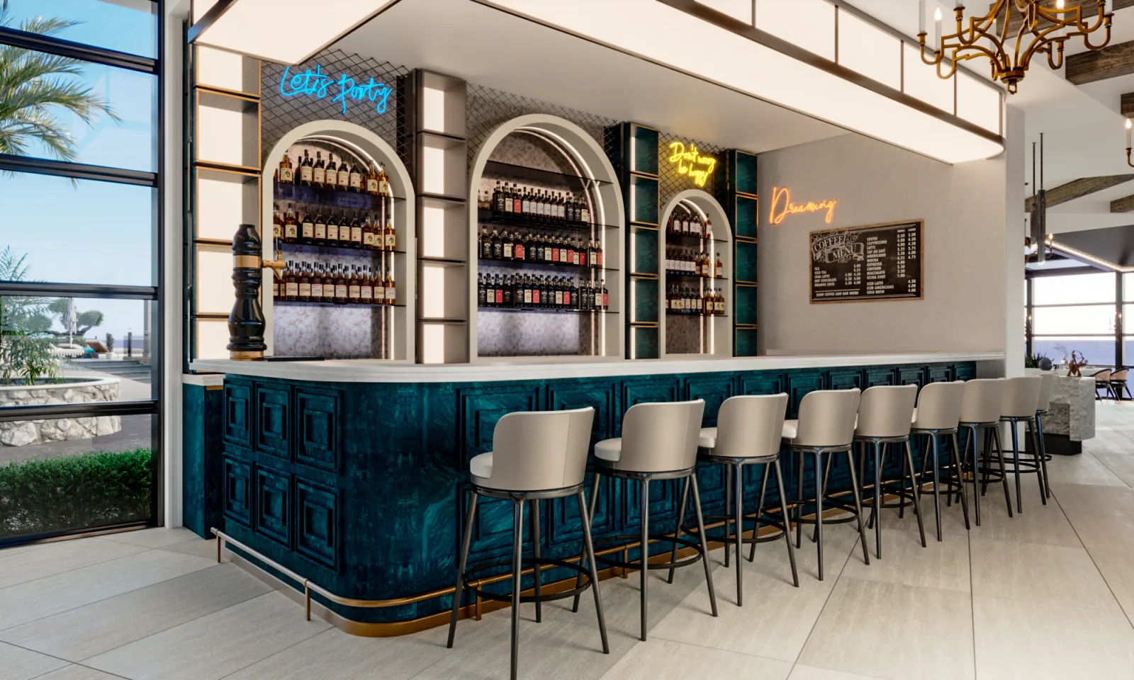 Gazipaşa Horizon restoranında derin yeşil mermer bar ve tavana uzanan şarap duvarı