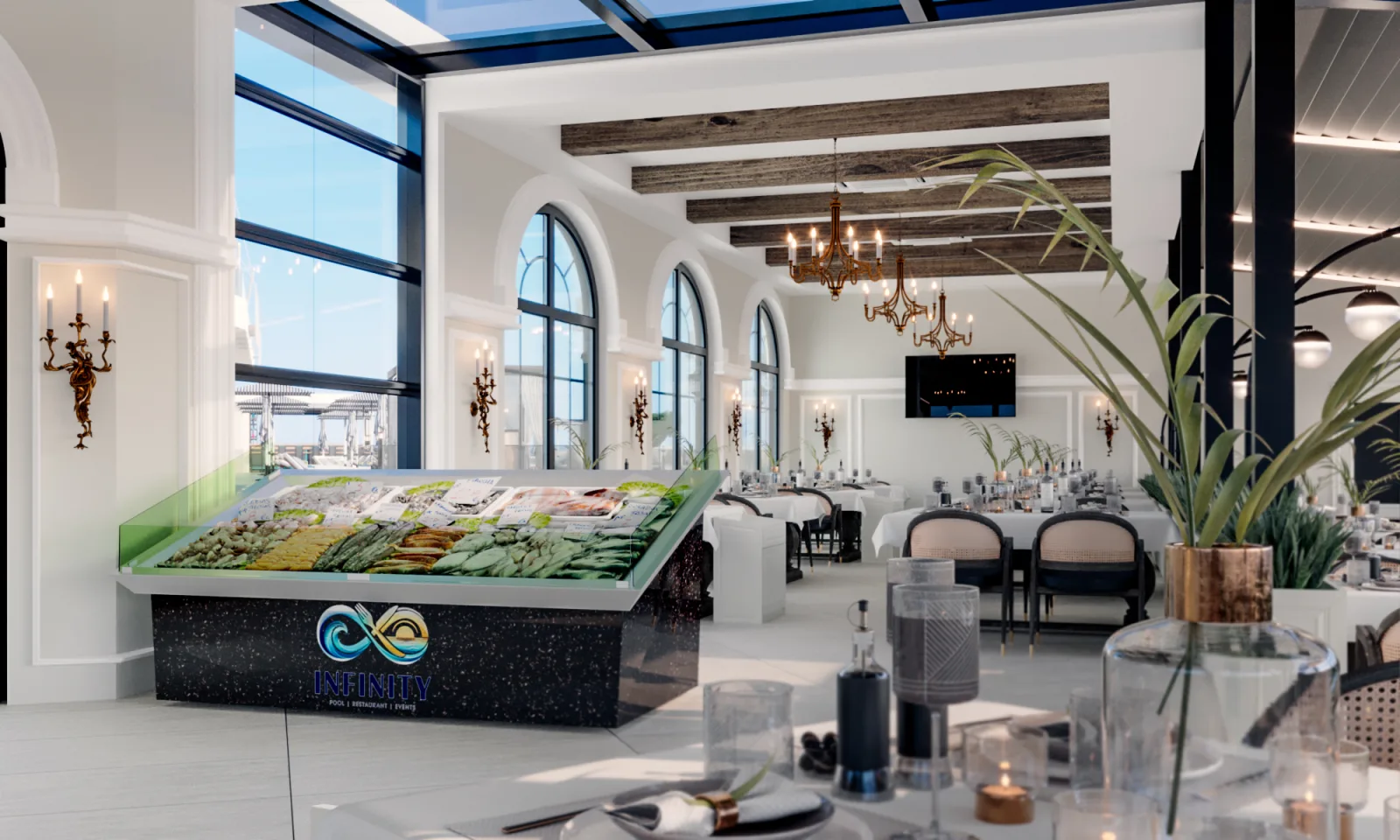 Horizon restoranında deniz manzaralı açık büfe ve taze Akdeniz mezeleri