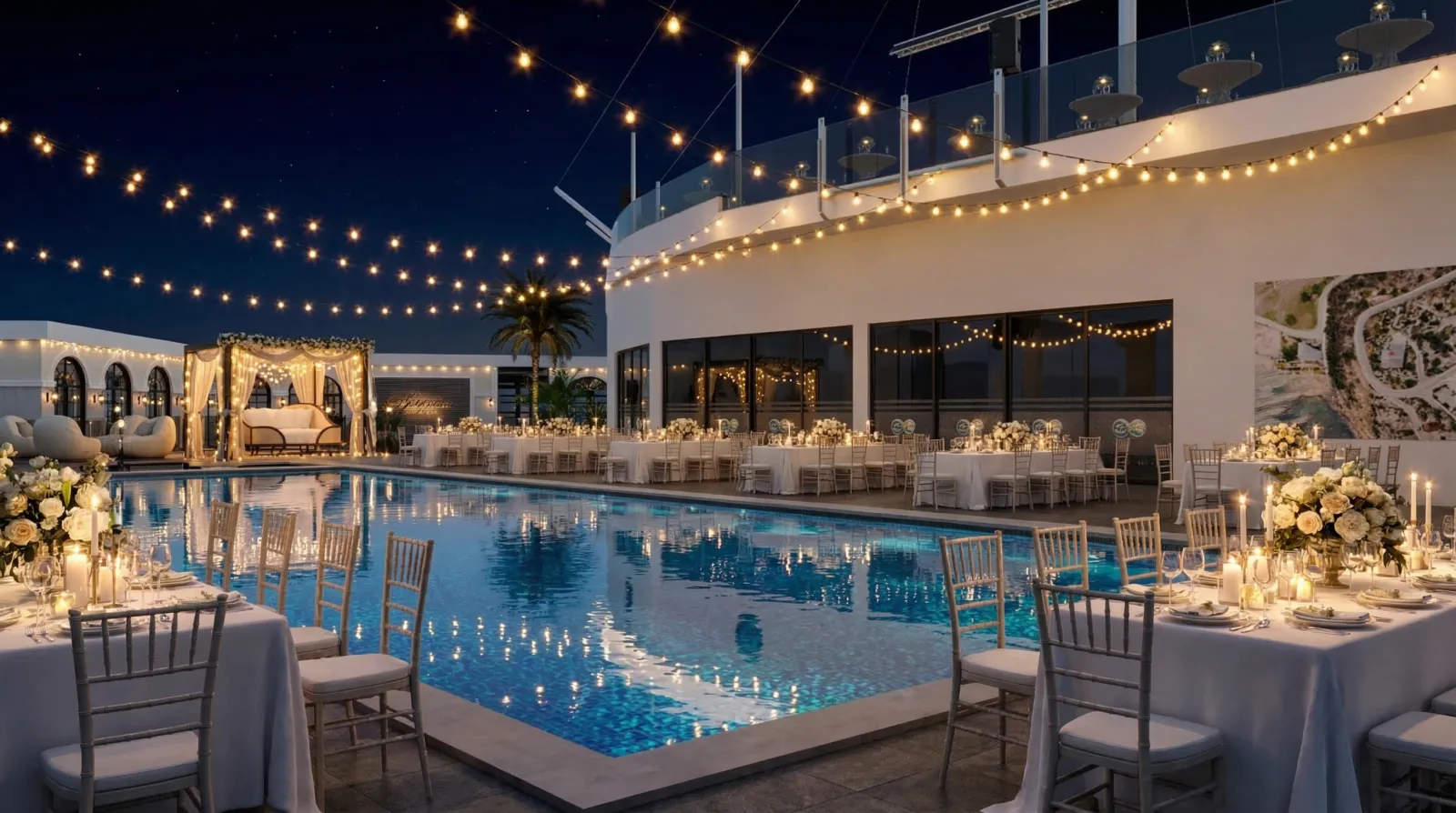 Infinity havuz ve beach club'ın gece ambiyansı — Gazipaşa, Antalya